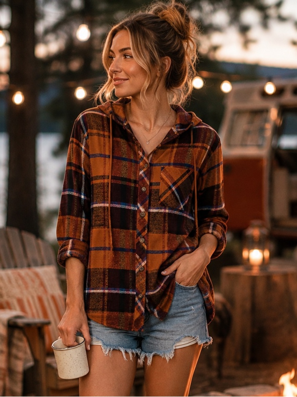 Maurices Plaid Flannel Hooded CabinCore Boyfriend Cotton Tunic High Low Top, S